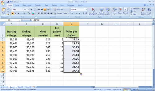 Come calcolare distanza in miglia del gas in Excel